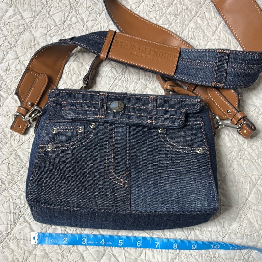 True Religion Blue Denim and Brown Leather Crossbody Bag